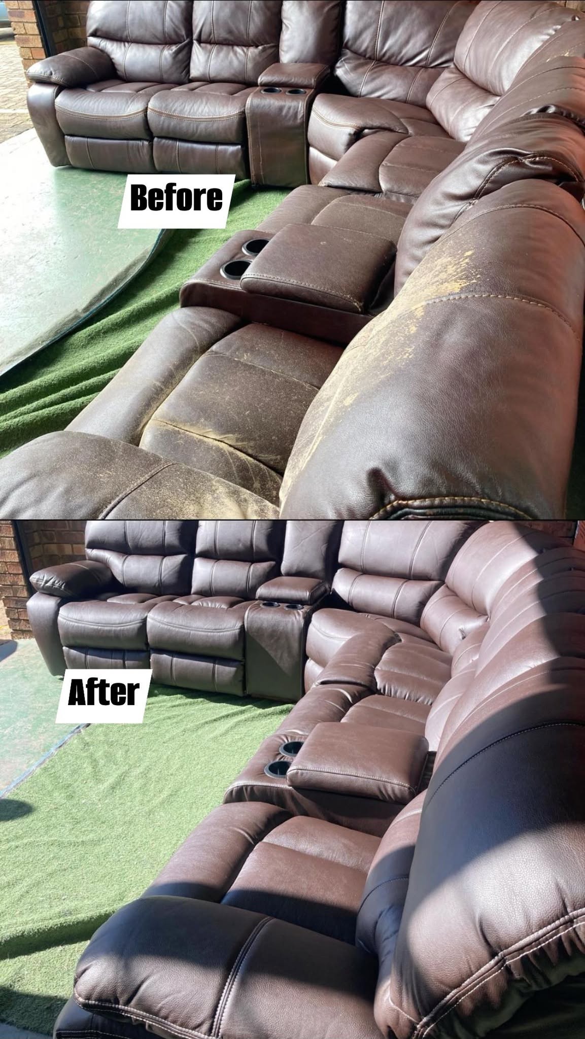 Before and after: worn brown leather corner recliner fully restored by Papa911 Upholstery in Alberton