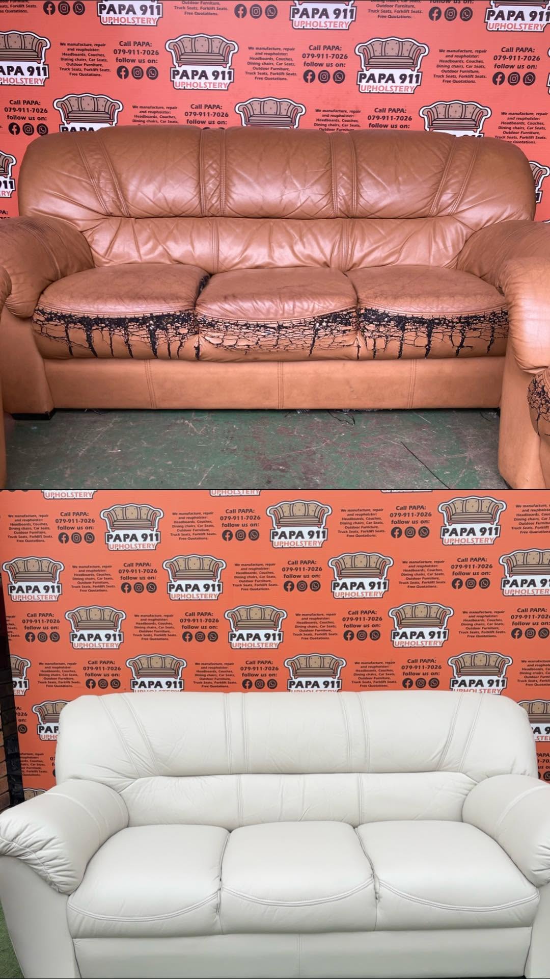 Before and after: worn tan leather sofa reupholstered to clean cream white leather by Papa911 Upholstery